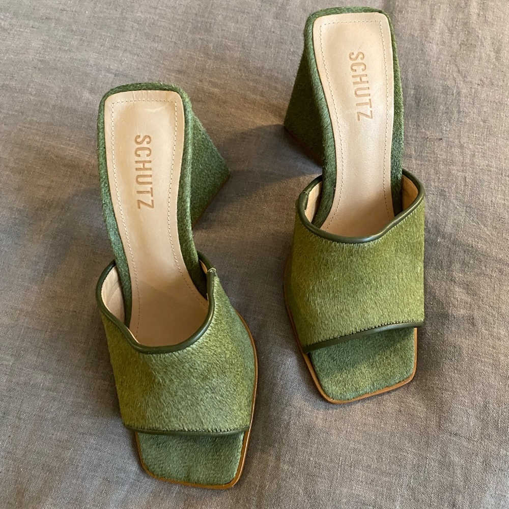 Schutz Olive Green Open-Toe Block Heel Mule - Picture 2 of 9